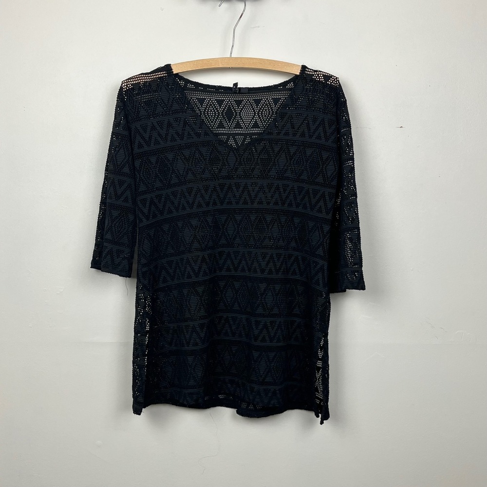 Portocruz Black Crochet Knit V-Neck Swim Cover Up Top 3/4 Sleeve Geometric Small